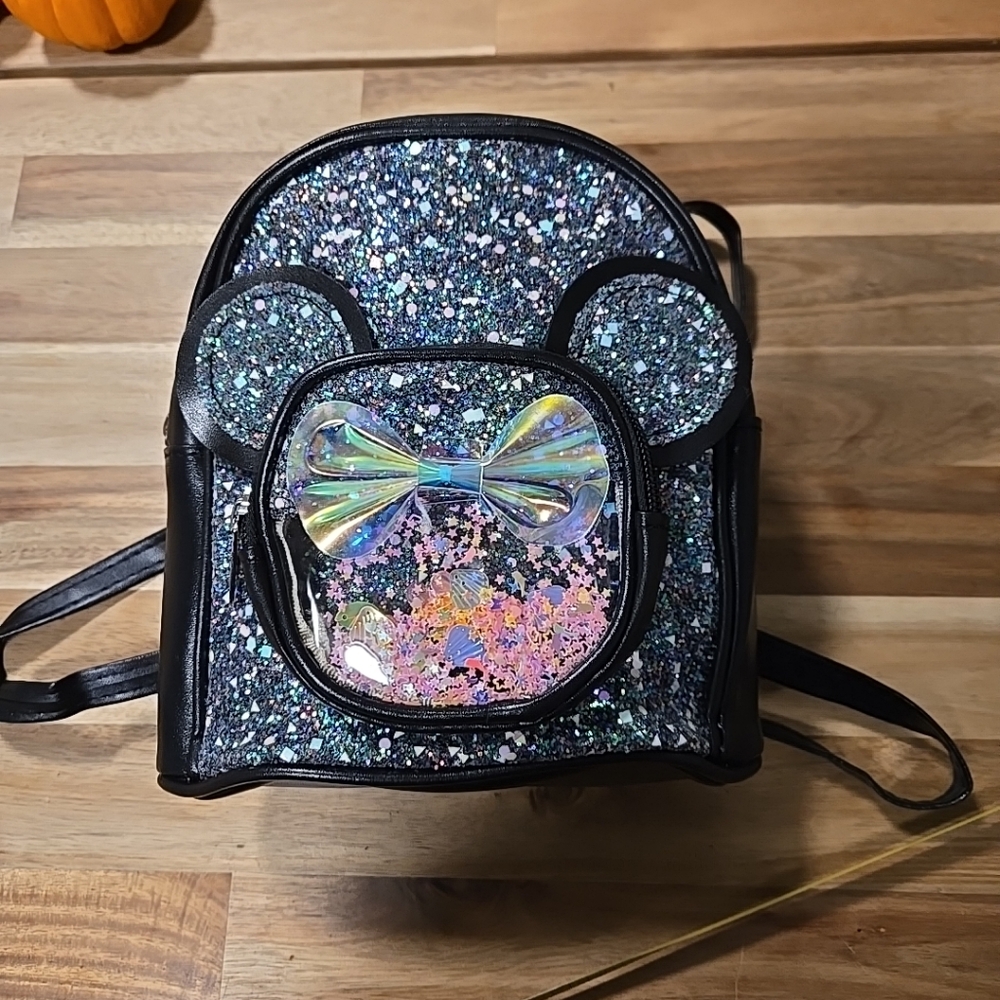 NEW!! Black Glitter Minnie Mouse Themed Mini Backpack Sparkle Bling